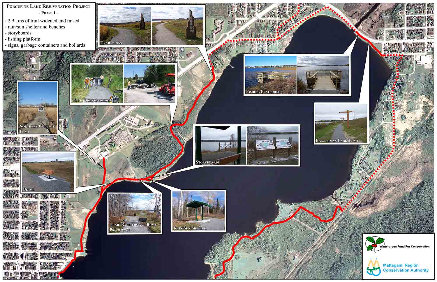 Map of the Porcupine Lake Trail showing the projects completed as part of the Porcupine Lake Rejuvenation