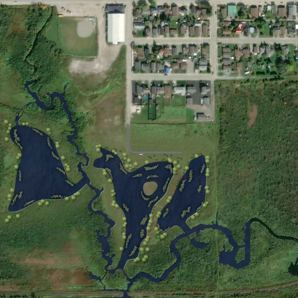 Aerial view of Porcupine River showing planned pond development, planting and seating areas