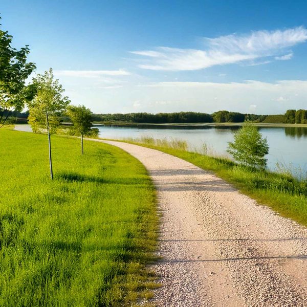 Treed trail alongside a lake