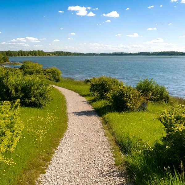 Treed trail alongside lake