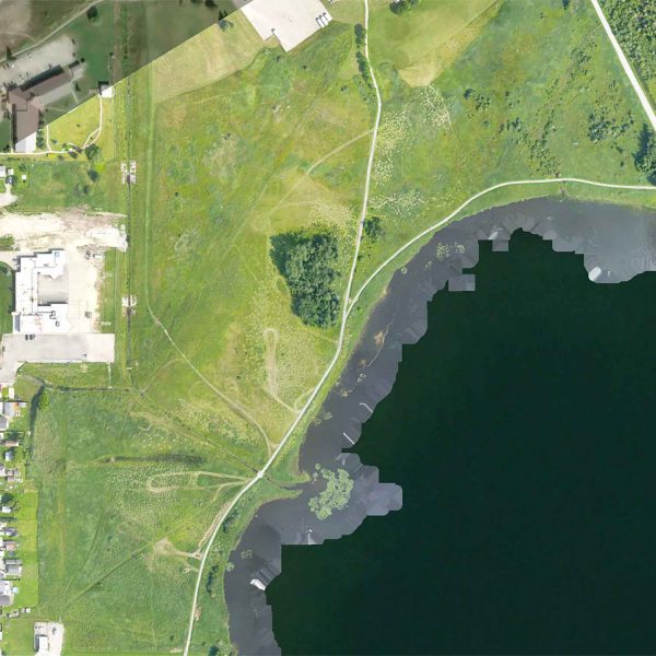 Aerial image of Porcupine Lake showing planted trees.